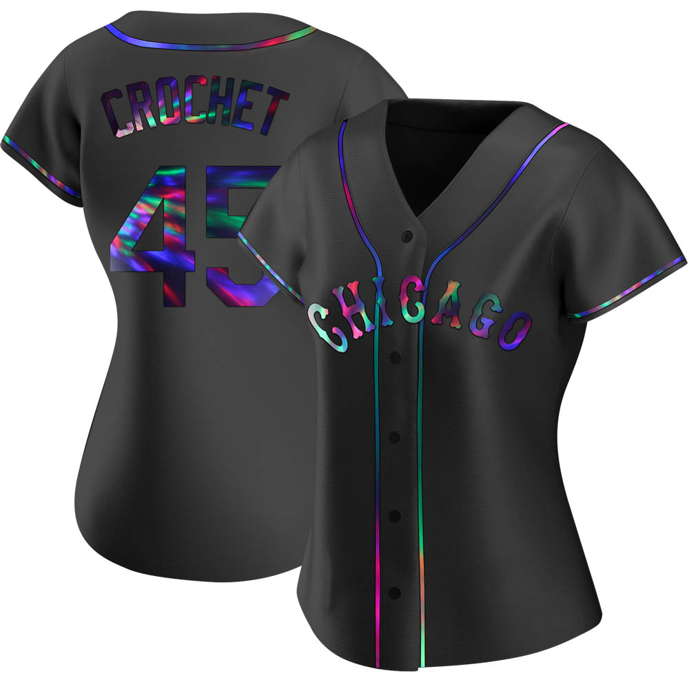 Replica Garrett Crochet Women's Chicago White Sox Black Holographic Alternate Jersey Replica Garrett Crochet Women's Chicago White Sox Black Holographic Alternate Jersey